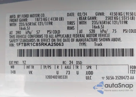 2024 Ford Transit-250 из США, поврежденный, VIN 1FTBR1C85RKA25063